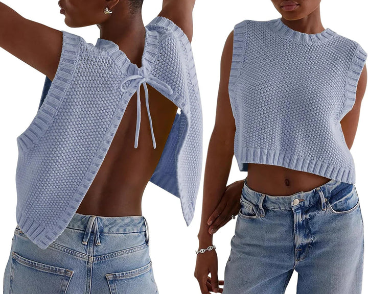 Combhasaki – Y2K Gebreid Mouwloos Vest met Open Rug en Strikdetail