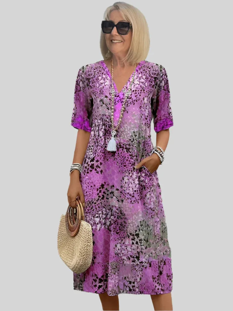Vintage Print Jurk met Kant en V-Hals