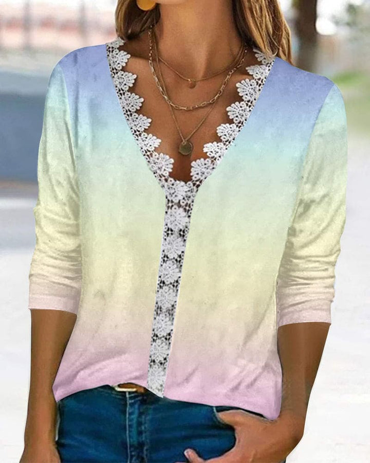 Kanten dames blouse met V-hals en 3/4 mouwen - Anuk