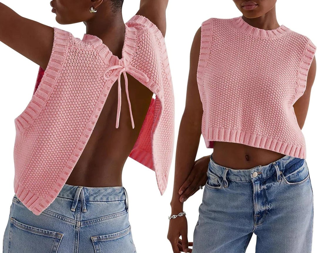Combhasaki – Y2K Gebreid Mouwloos Vest met Open Rug en Strikdetail