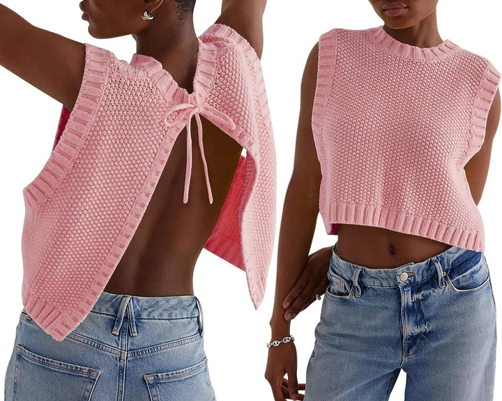 Combhasaki – Y2K Gebreid Mouwloos Vest met Open Rug en Strikdetail