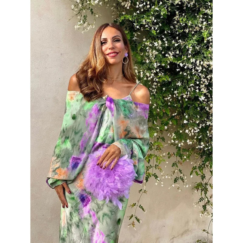 Tie Dye Maxi Strandjurk met Open Rug en Lange Mouwen