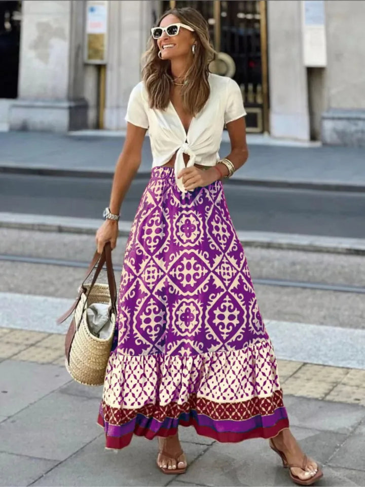 Liora – Retro Zomers Rok met Print en Ruches