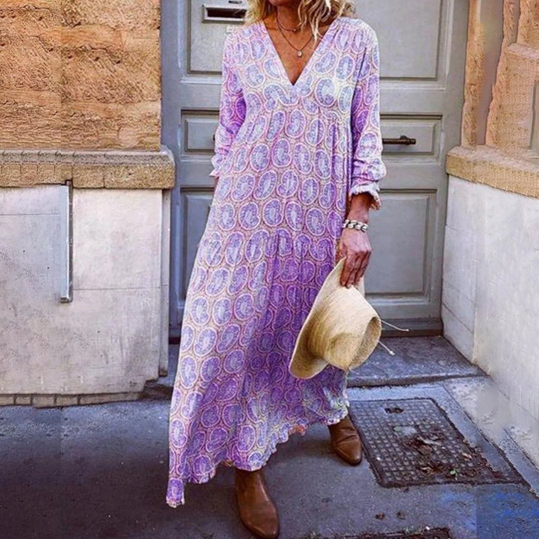 Liora – Maxi Zomerjurk met Geometrische Print en Boho-uitstraling