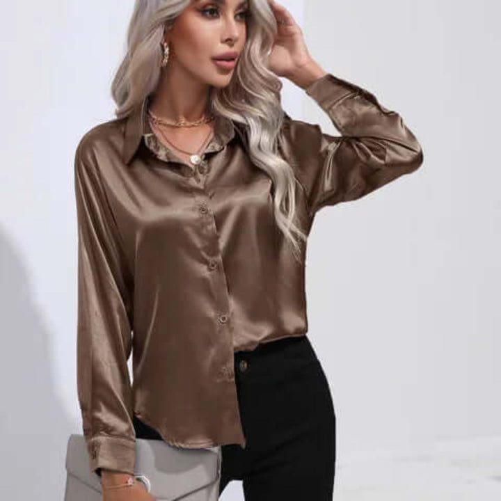 Dames satijnen blouse met lange mouwen en losse pasvorm