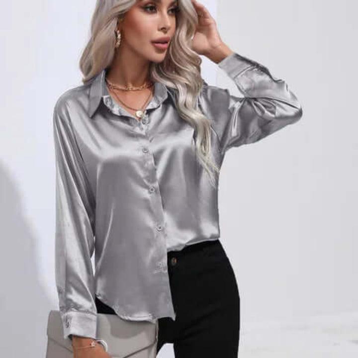 Dames satijnen blouse met lange mouwen en losse pasvorm