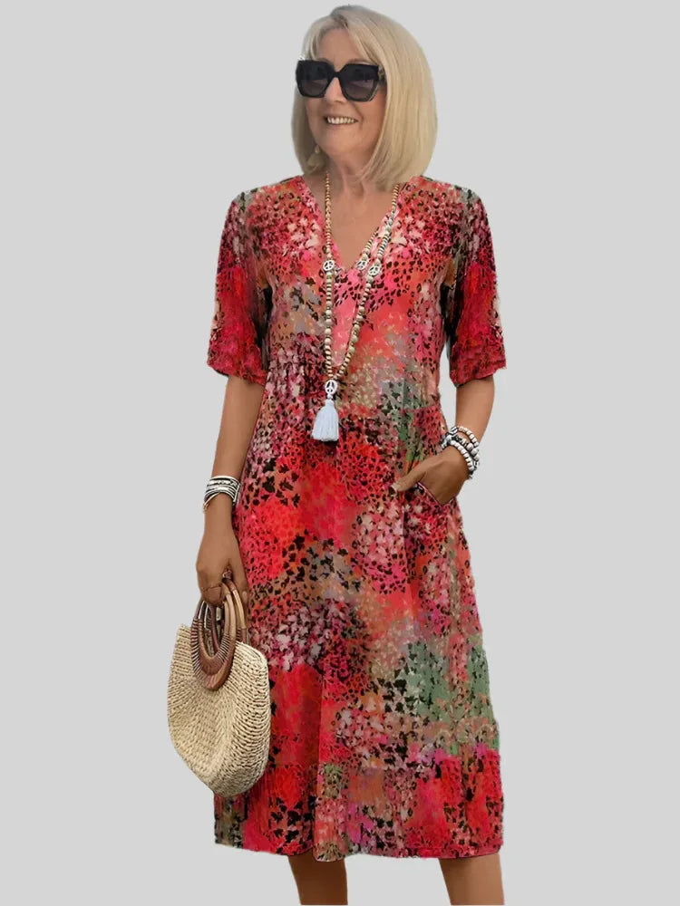 Vintage Print Jurk met Kant en V-Hals
