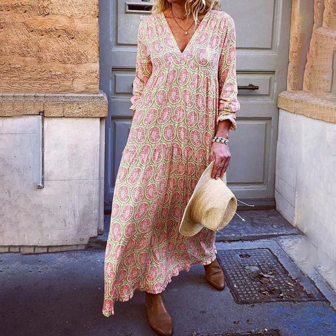 Liora – Maxi Zomerjurk met Geometrische Print en Boho-uitstraling