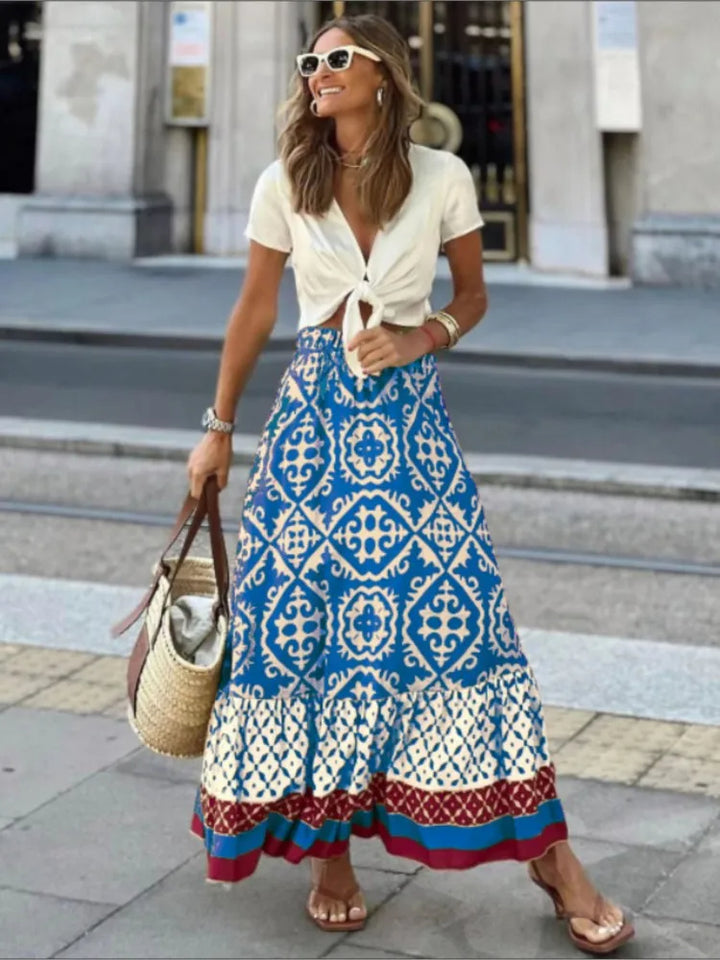 Liora – Retro Zomers Rok met Print en Ruches