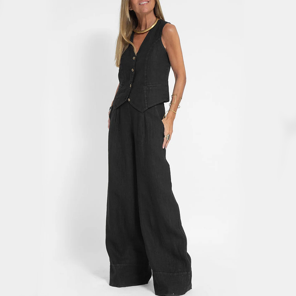 Zomerse Mouwloze V-hals Vest en Losse Rechte Broek