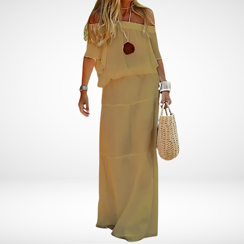 Elegante Witte Maxi Strandjurk met Off-Shoulder Design