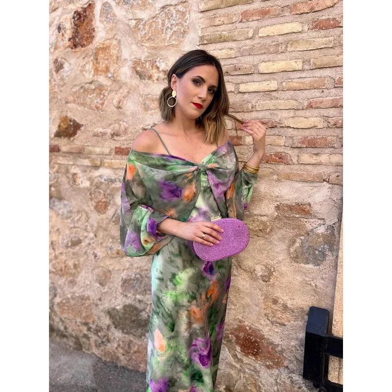 Tie Dye Maxi Strandjurk met Open Rug en Lange Mouwen
