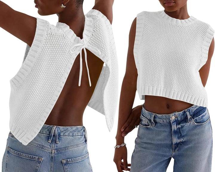 Combhasaki – Y2K Gebreid Mouwloos Vest met Open Rug en Strikdetail