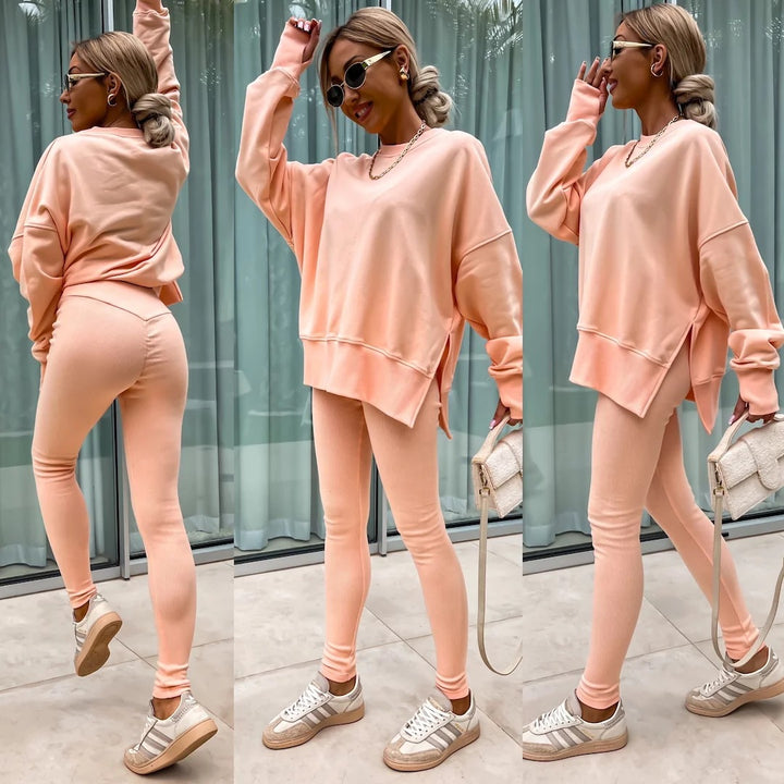 Comfortabele Dames Set met Split Top en Strakke Broek
