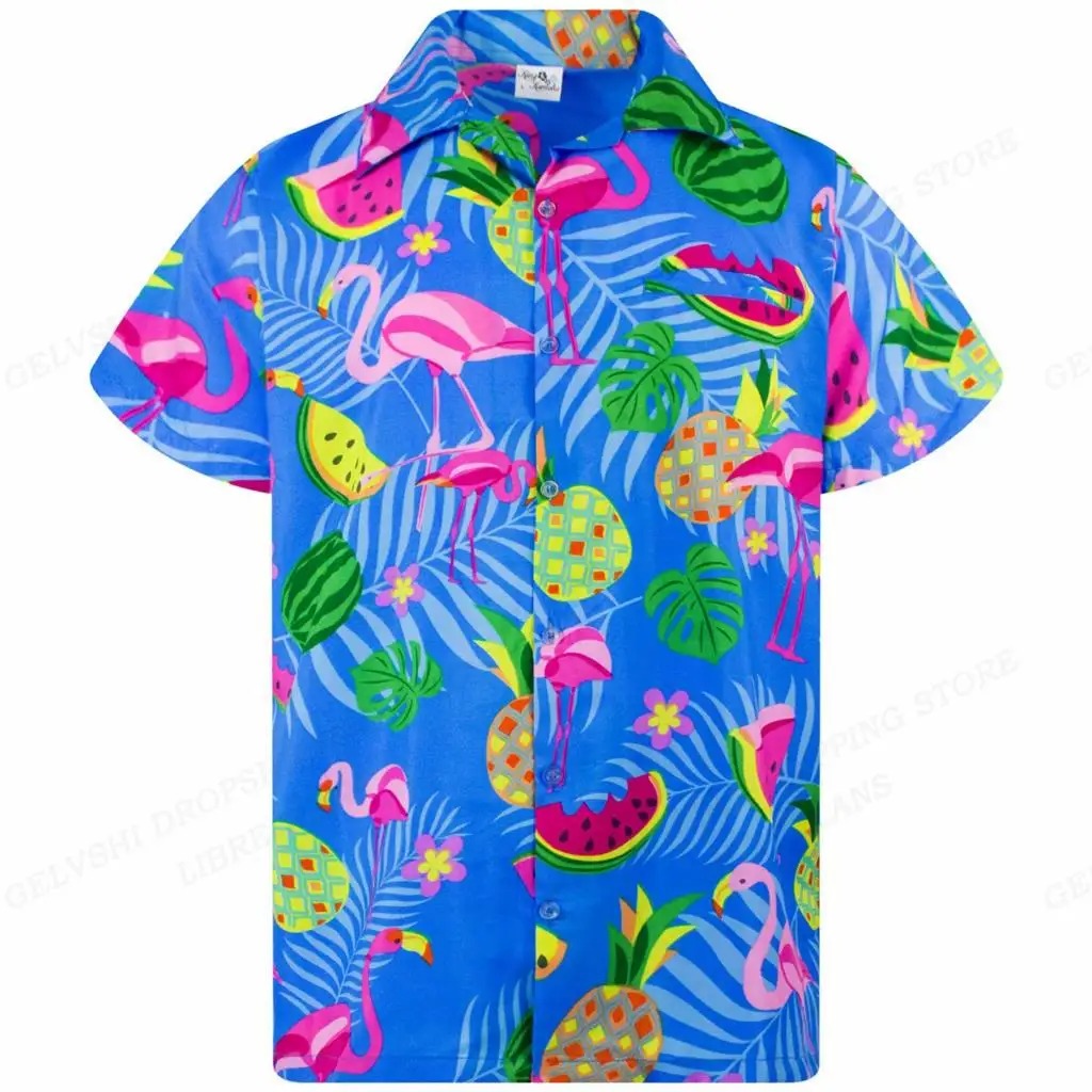 Nico - 3D flamingo bedrukt Hawai overhemd heren