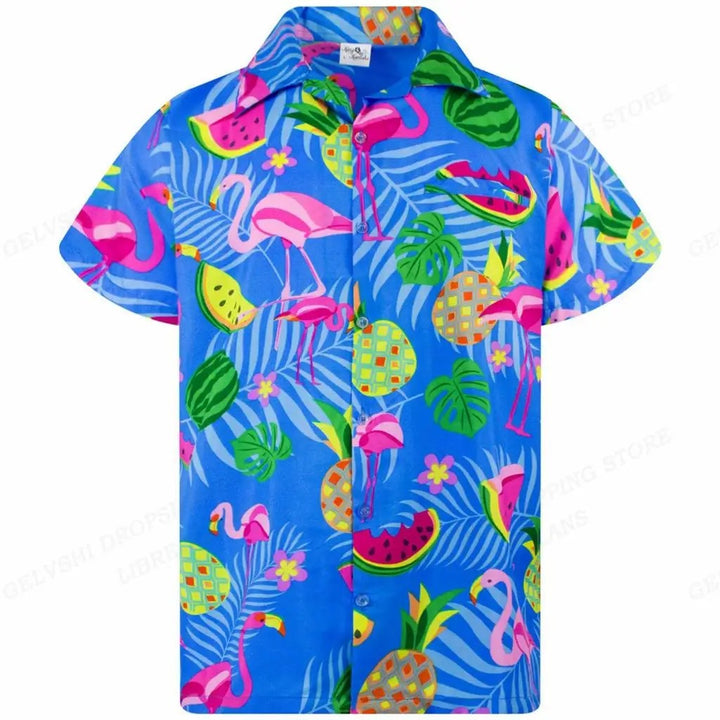 Nico - 3D flamingo bedrukt Hawai overhemd heren