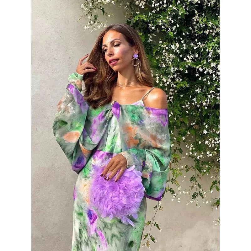 Tie Dye Maxi Strandjurk met Open Rug en Lange Mouwen
