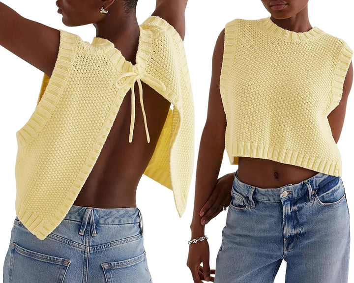 Combhasaki – Y2K Gebreid Mouwloos Vest met Open Rug en Strikdetail