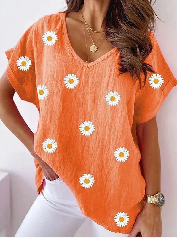 Ainara – Casual V-Hals T-Shirt met 3D Bloemenprint