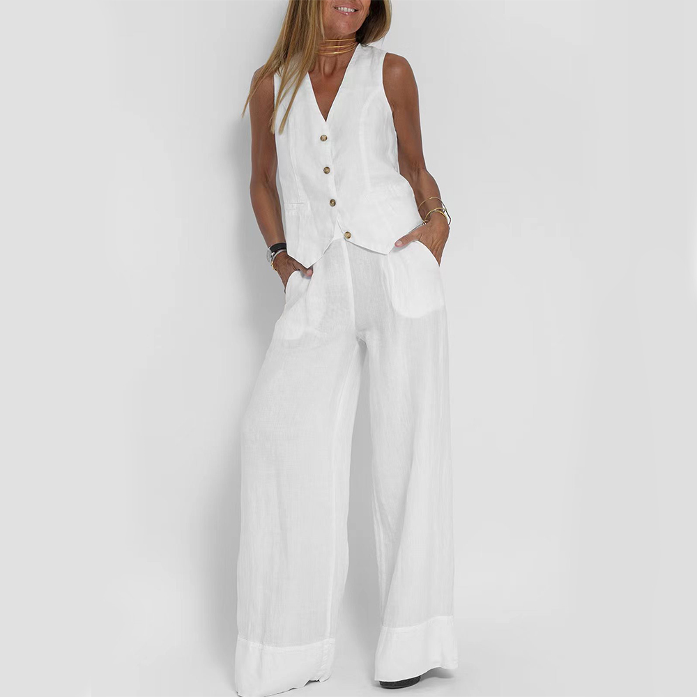 Zomerse Mouwloze V-hals Vest en Losse Rechte Broek