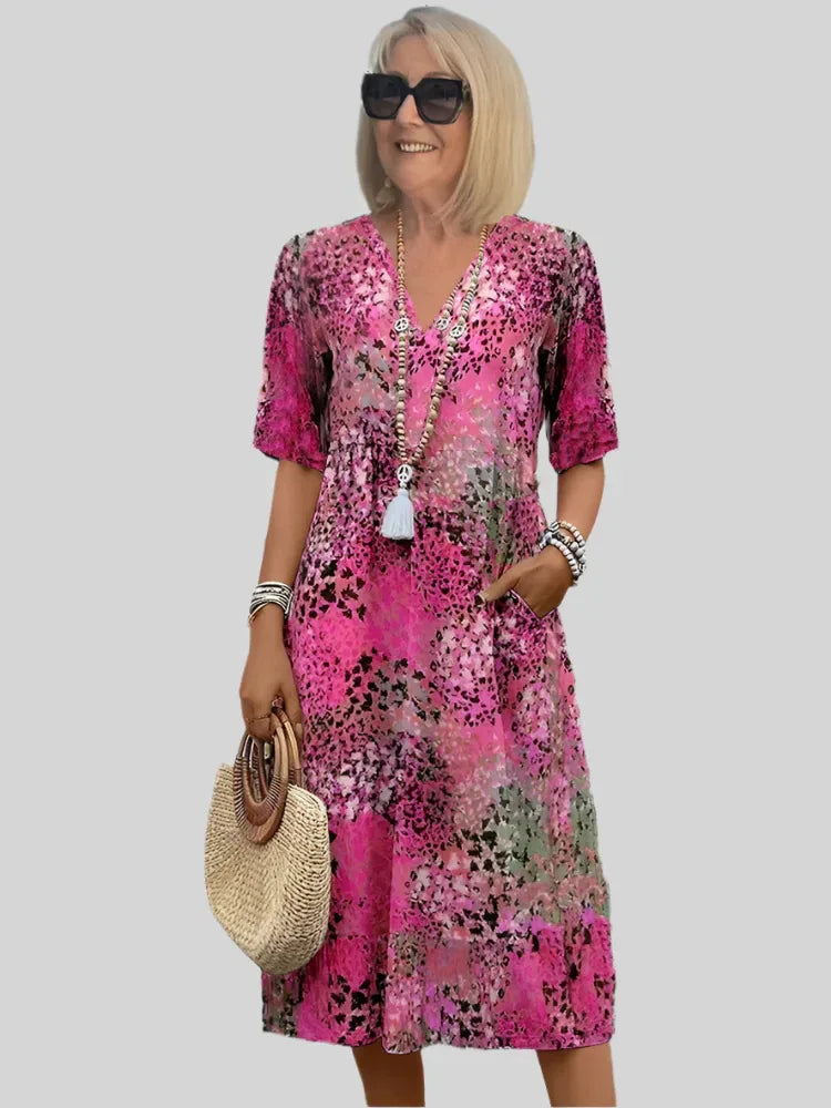 Vintage Print Jurk met Kant en V-Hals