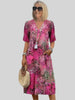 Vintage Print Jurk met Kant en V-Hals