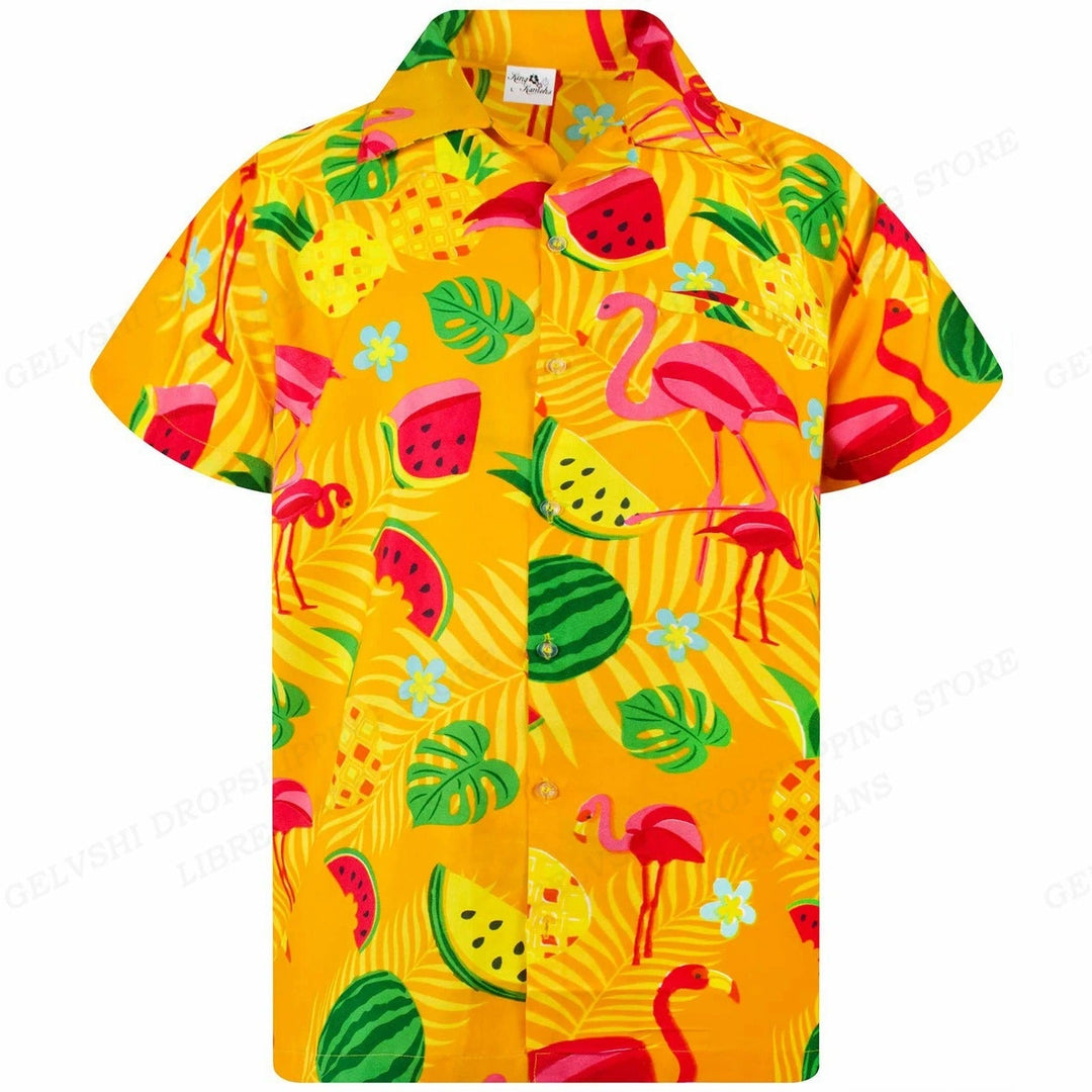 Nico - 3D flamingo bedrukt Hawai overhemd heren