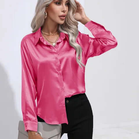 Dames satijnen blouse met lange mouwen en losse pasvorm