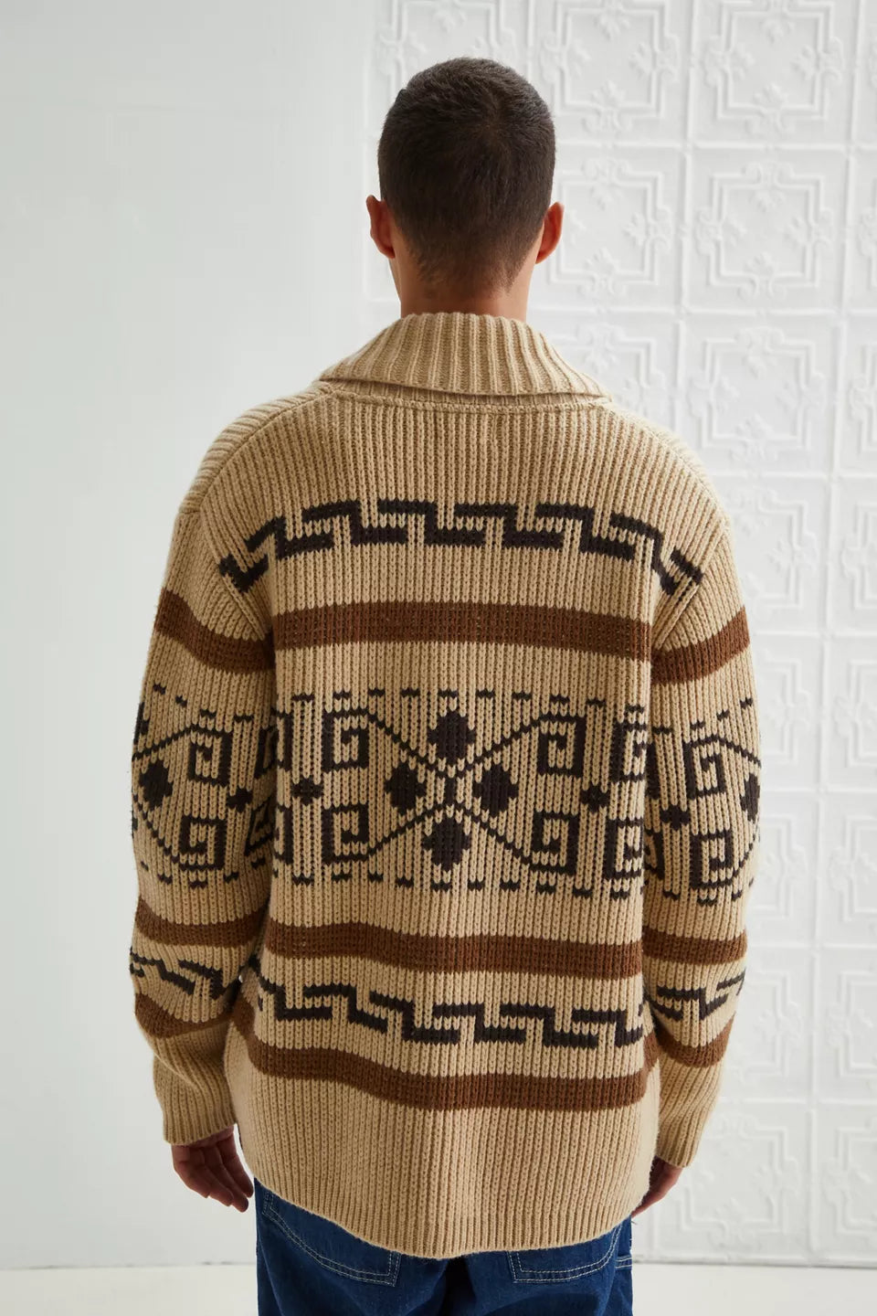 Vintage Jacquard Gebreid Herenvest met Rits