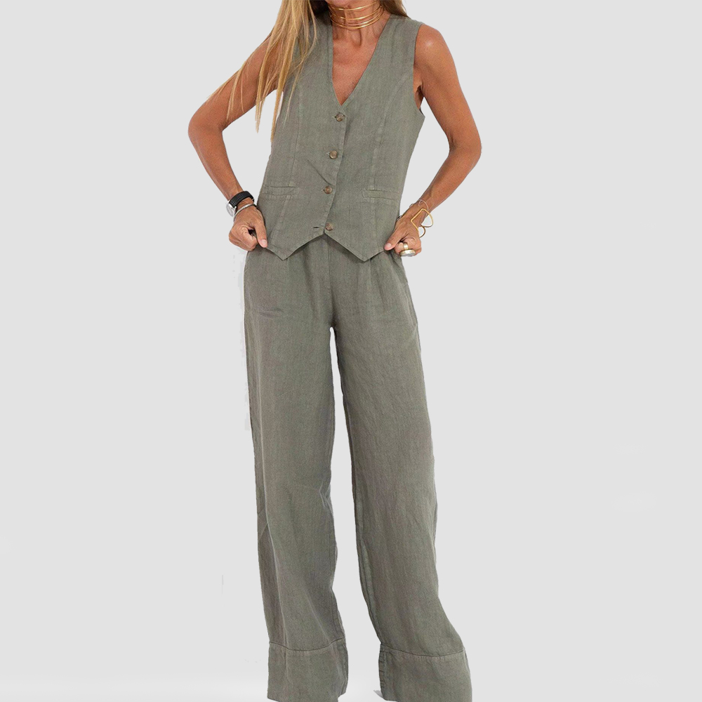 Zomerse Mouwloze V-hals Vest en Losse Rechte Broek