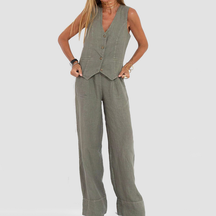 Zomerse Mouwloze V-hals Vest en Losse Rechte Broek