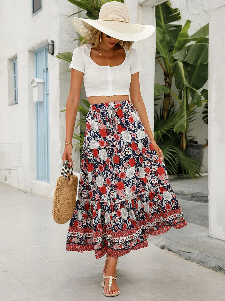 Liora – Retro Zomers Rok met Print en Ruches