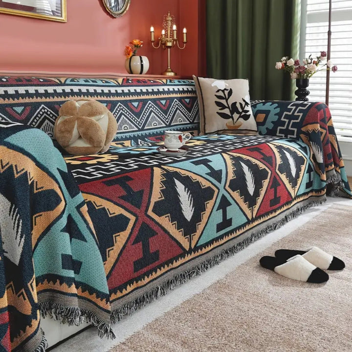 Geometrisch Patroon Bankhoes met Boho-Stijl en Kwastjes