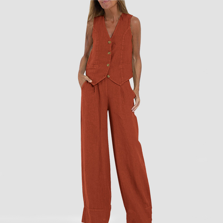 Zomerse Mouwloze V-hals Vest en Losse Rechte Broek