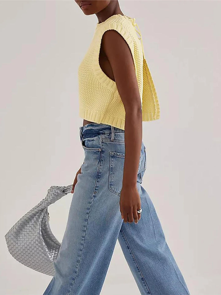 Combhasaki – Y2K Gebreid Mouwloos Vest met Open Rug en Strikdetail