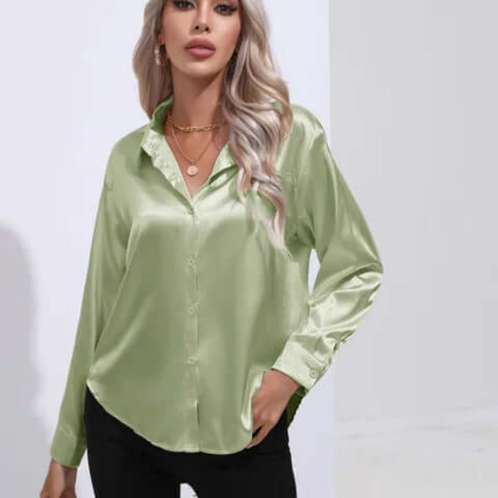 Dames satijnen blouse met lange mouwen en losse pasvorm