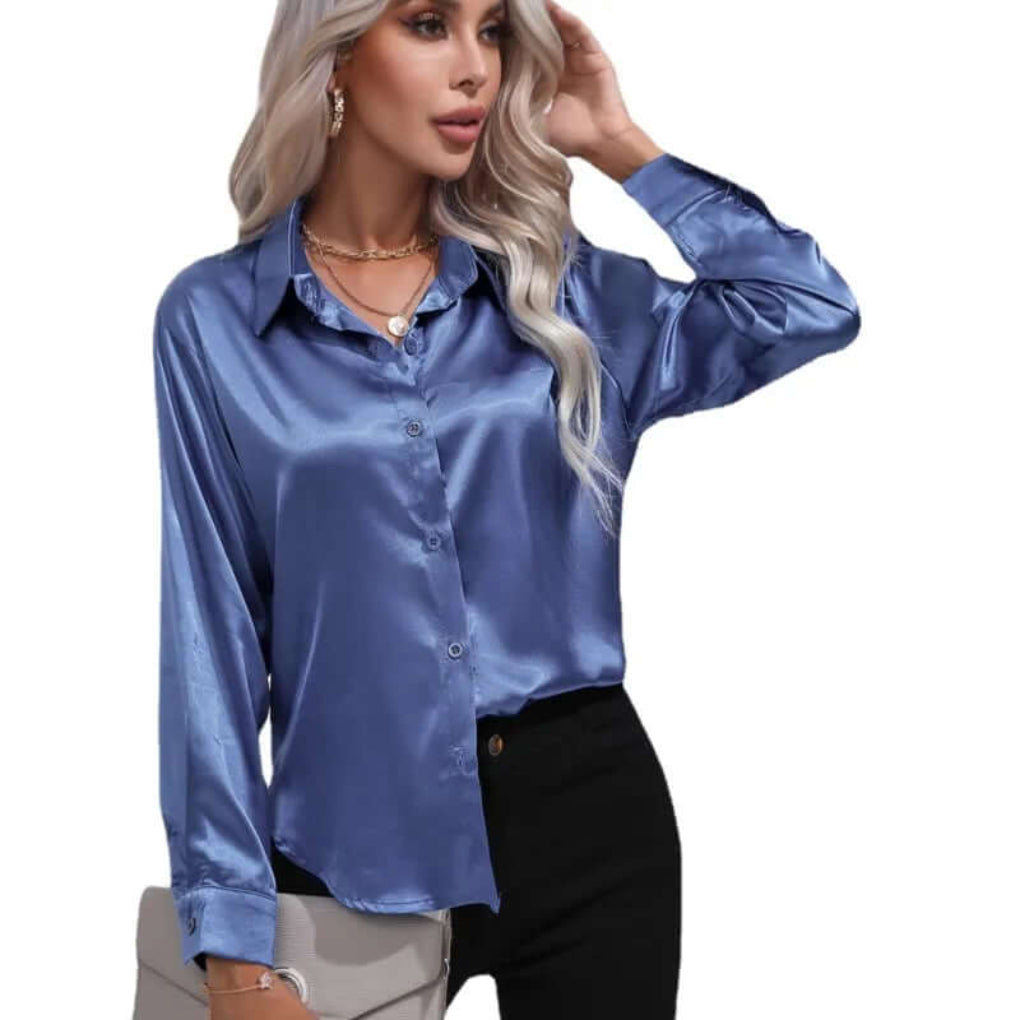 Dames satijnen blouse met lange mouwen en losse pasvorm