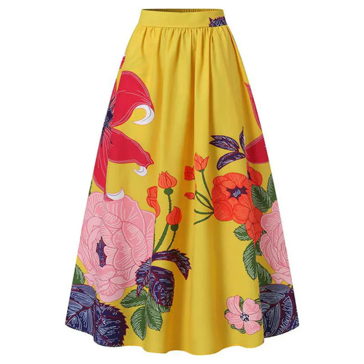 Gele maxi-rok met kleurrijke bloemenprint, waaronder roze en rode bloemen. Perfect voor zomermode en bohemian stijl. Vrouwelijke kleding.