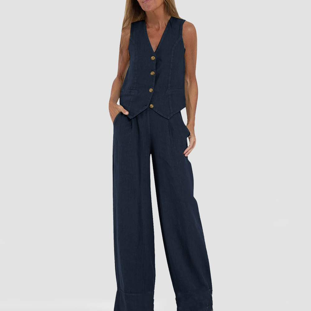 Zomerse Mouwloze V-hals Vest en Losse Rechte Broek