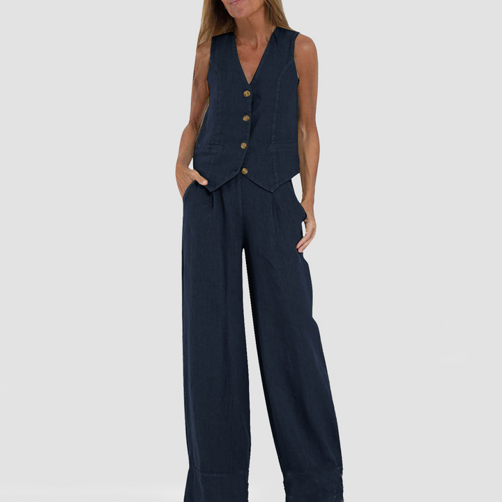 Zomerse Mouwloze V-hals Vest en Losse Rechte Broek