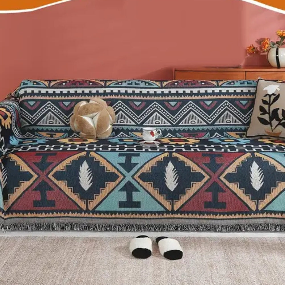 Geometrisch Patroon Bankhoes met Boho-Stijl en Kwastjes
