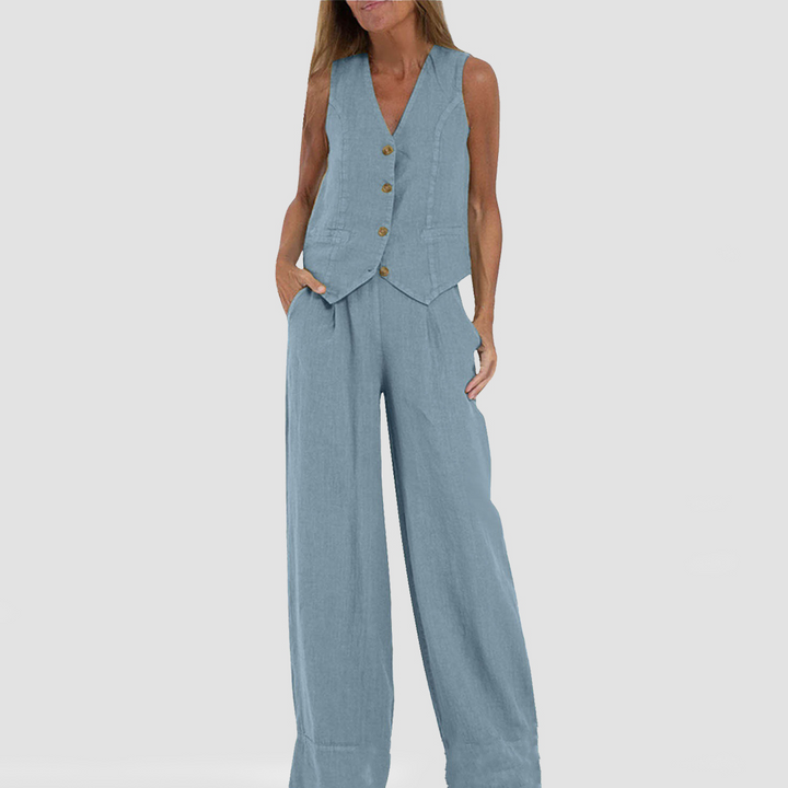 Zomerse Mouwloze V-hals Vest en Losse Rechte Broek
