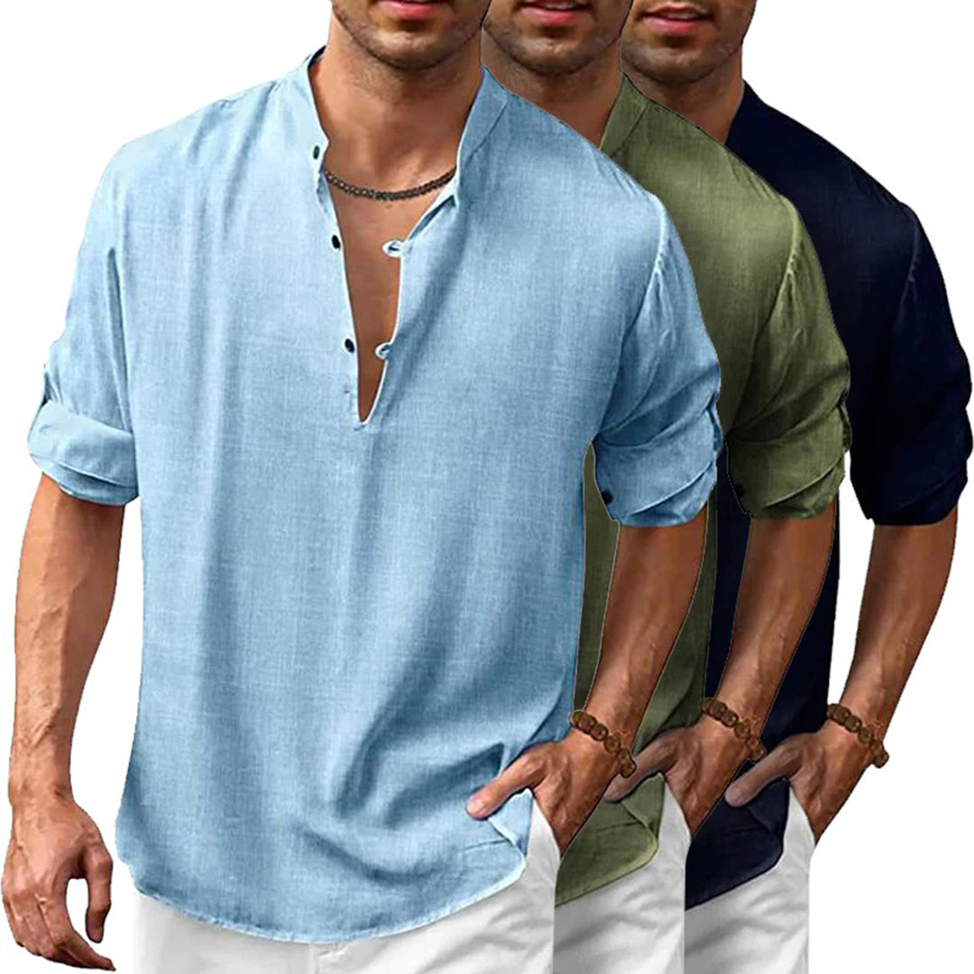 Stijlvolle herenoverhemden in blauw, groen en zwart met opgerolde mouwen en V-hals. Perfect voor casual en formele gelegenheden.