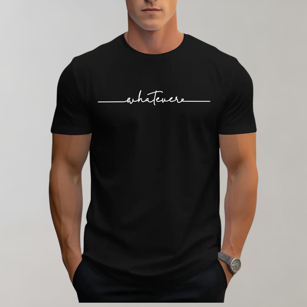 Zwarte T-shirt met korte mouwen, minimalistisch ontwerp, witte tekst "whatever" op de borst. Perfect voor casual herenmode, comfortabele pasvorm.