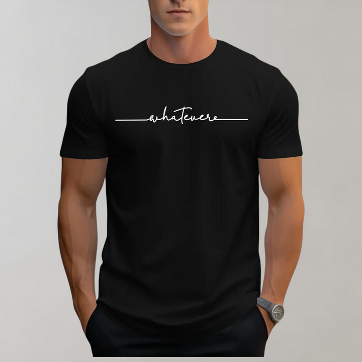 Zwarte T-shirt met korte mouwen, minimalistisch ontwerp, witte tekst "whatever" op de borst. Perfect voor casual herenmode, comfortabele pasvorm.