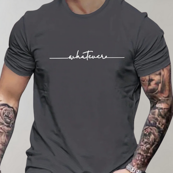 Donkergrijs T-shirt met witte "whatever" tekst, casual stijl, korte mouwen, geschikt voor herenmode, streetwear, comfortabele pasvorm.