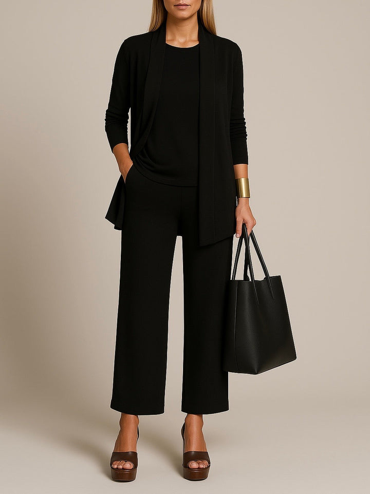 Stijlvol Verfijnd Driedelig Damespak met Blazer, Top en Pantalon