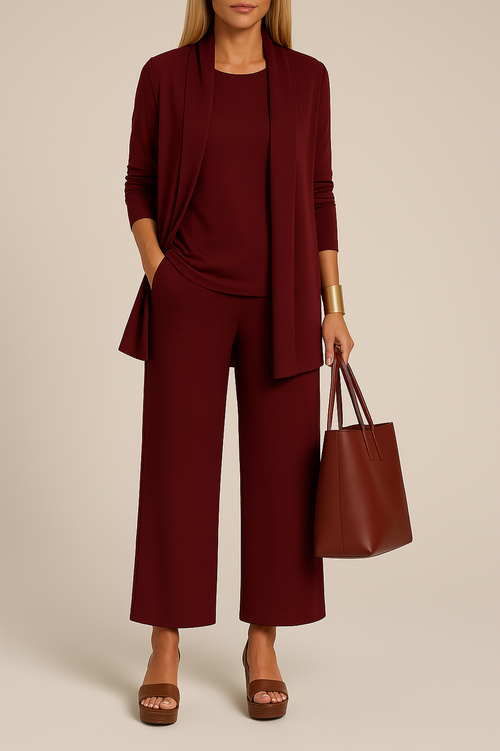 Stijlvol Verfijnd Driedelig Damespak met Blazer, Top en Pantalon
