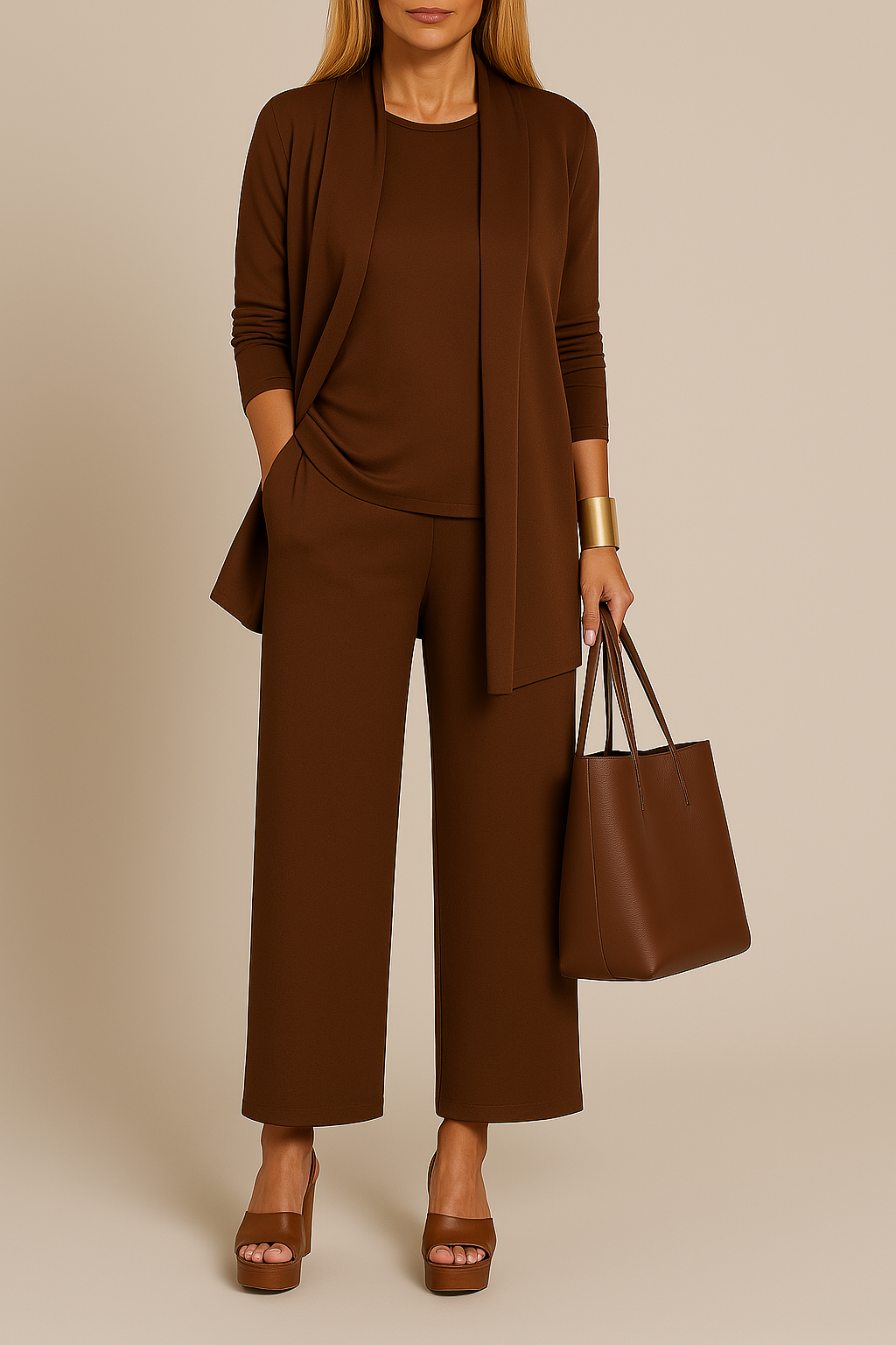 Stijlvol Verfijnd Driedelig Damespak met Blazer, Top en Pantalon