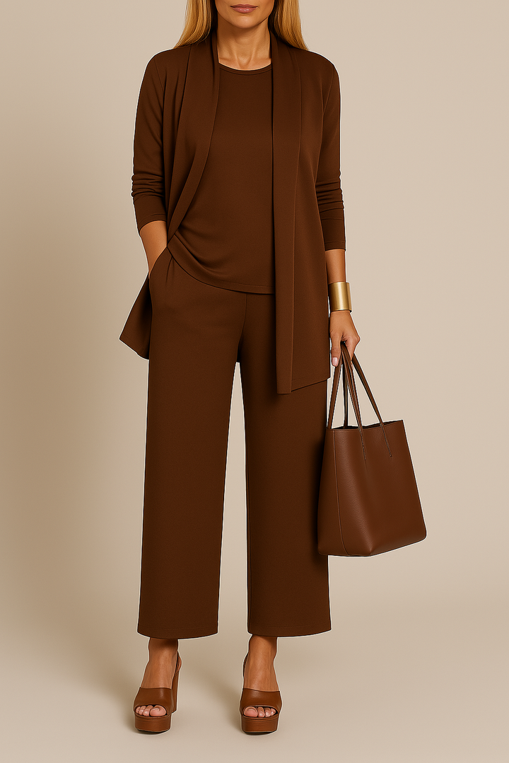 Stijlvol Verfijnd Driedelig Damespak met Blazer, Top en Pantalon